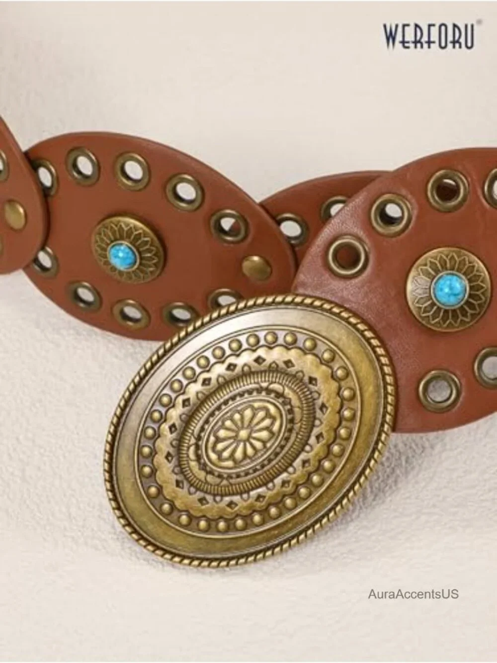 Wide Disc Belt with Turquoise Concho for Cowgirl Country Boho Concert